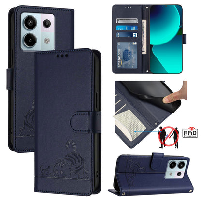 Xiaomi Redmi Note 13 Pro 5G Global Leather Phone Case with Cat and Rat Embossed Pattern, RFID Protection, Card Holder Slots, Anti-fall Feature & Lanyard