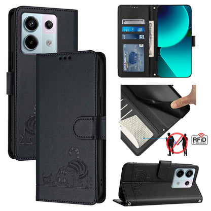 Xiaomi POCO X6 5G Global Leather Phone Case with Cat and Rat Embossed Pattern, RFID Protection, Card Holder Slots, Anti-fall Feature & Lanyard