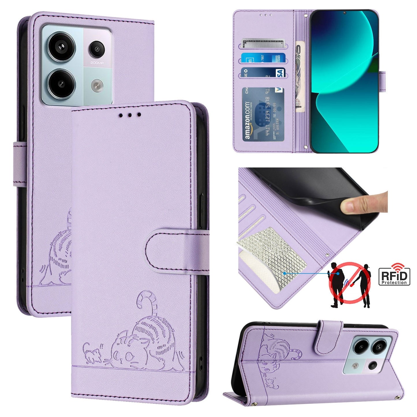 Xiaomi POCO X6 5G Global Leather Phone Case with Cat and Rat Embossed Pattern, RFID Protection, Card Holder Slots, Anti-fall Feature & Lanyard