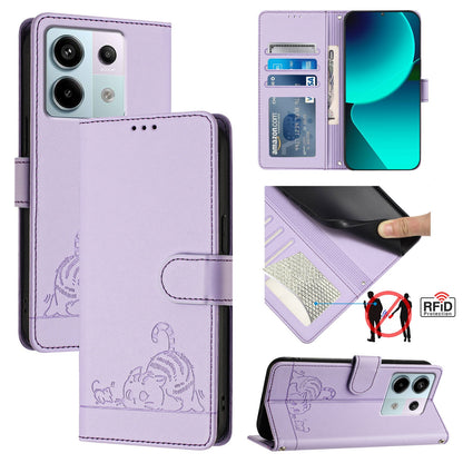 Xiaomi POCO X6 5G Global Leather Phone Case with Cat and Rat Embossed Pattern, RFID Protection, Card Holder Slots, Anti-fall Feature & Lanyard