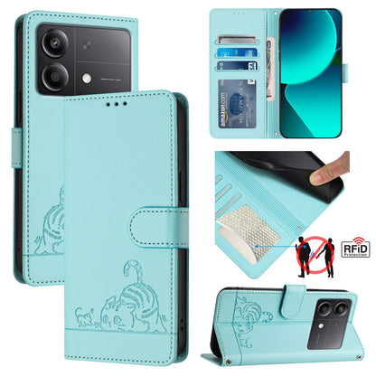 Xiaomi POCO X6 Neo 5G Global Leather Phone Case with Cat and Rat Embossed Pattern, RFID Protection, Card Holder Slots, Anti-fall Feature & Lanyard