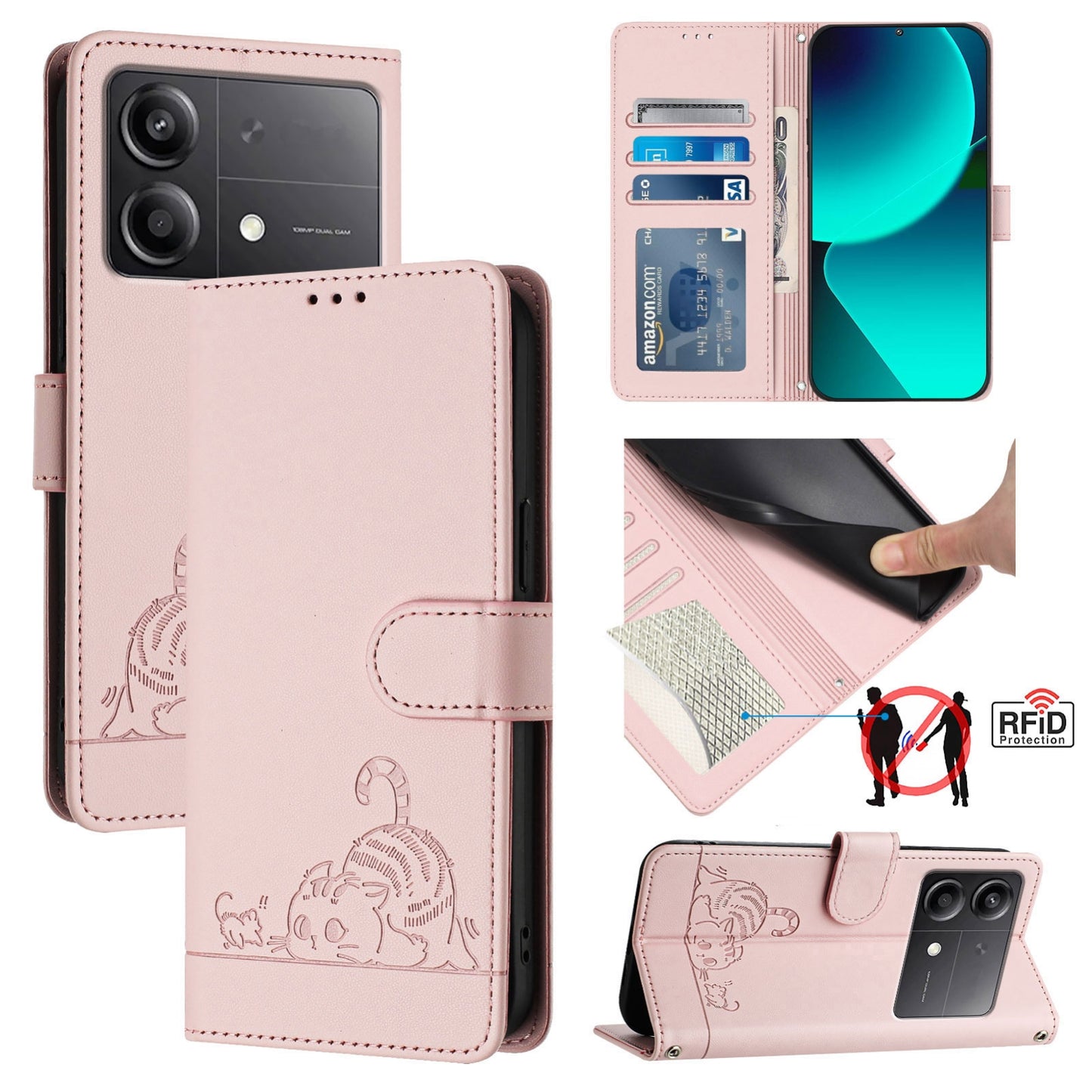 Xiaomi POCO X6 Neo 5G Global Leather Phone Case with Cat and Rat Embossed Pattern, RFID Protection, Card Holder Slots, Anti-fall Feature & Lanyard