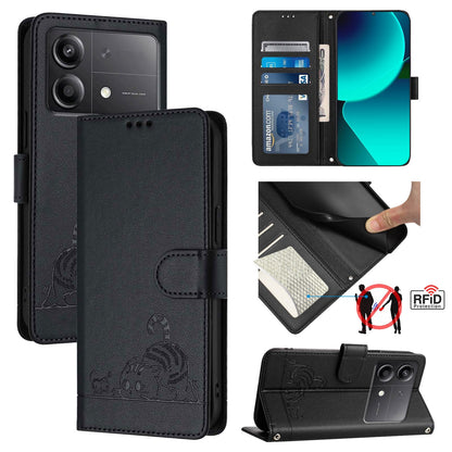 Xiaomi POCO X6 Neo 5G Global Leather Phone Case with Cat and Rat Embossed Pattern, RFID Protection, Card Holder Slots, Anti-fall Feature & Lanyard