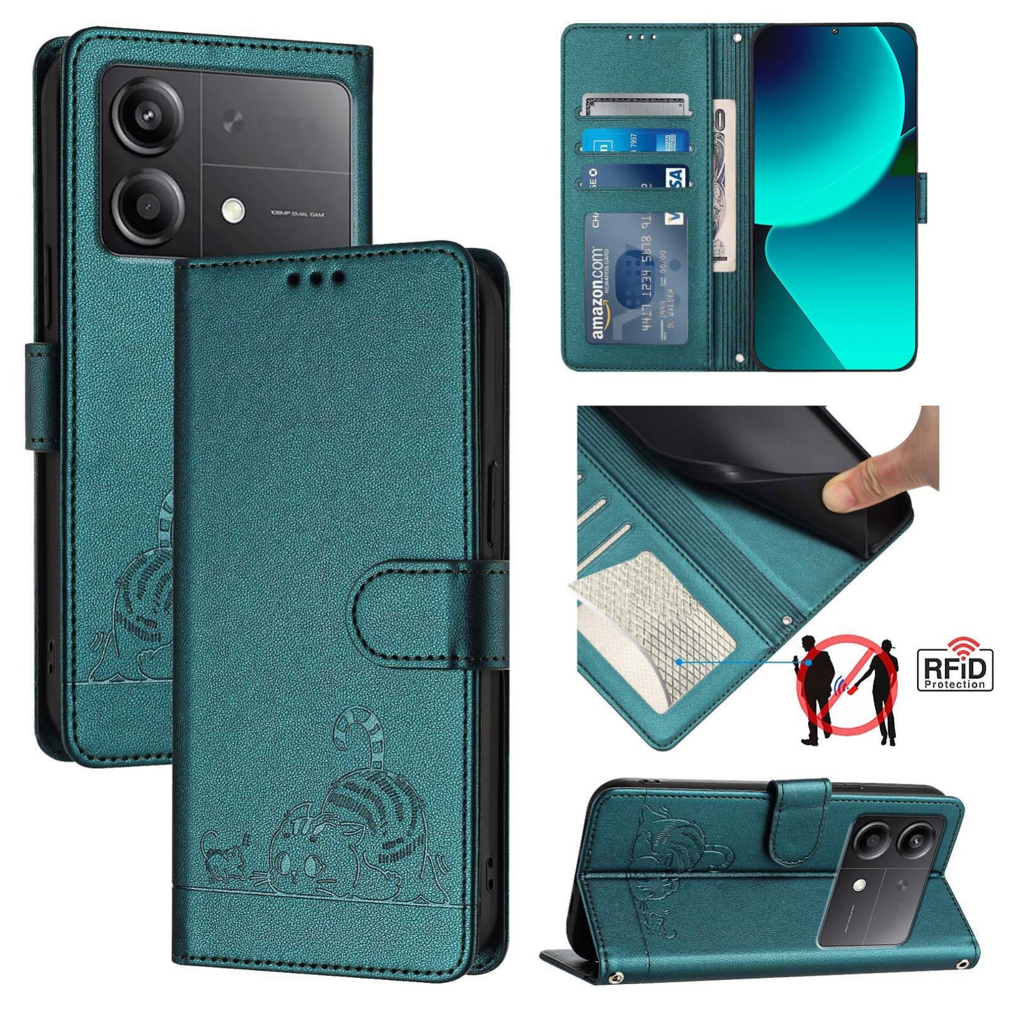 Xiaomi POCO X6 Neo 5G Global Leather Phone Case with Cat and Rat Embossed Pattern, RFID Protection, Card Holder Slots, Anti-fall Feature & Lanyard