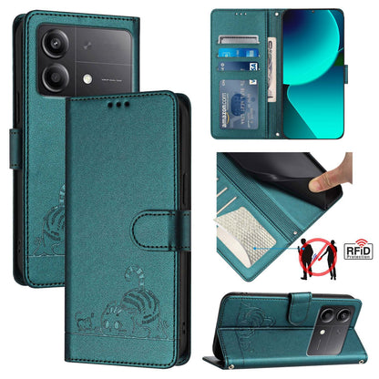 Xiaomi POCO X6 Neo 5G Global Leather Phone Case with Cat and Rat Embossed Pattern, RFID Protection, Card Holder Slots, Anti-fall Feature & Lanyard