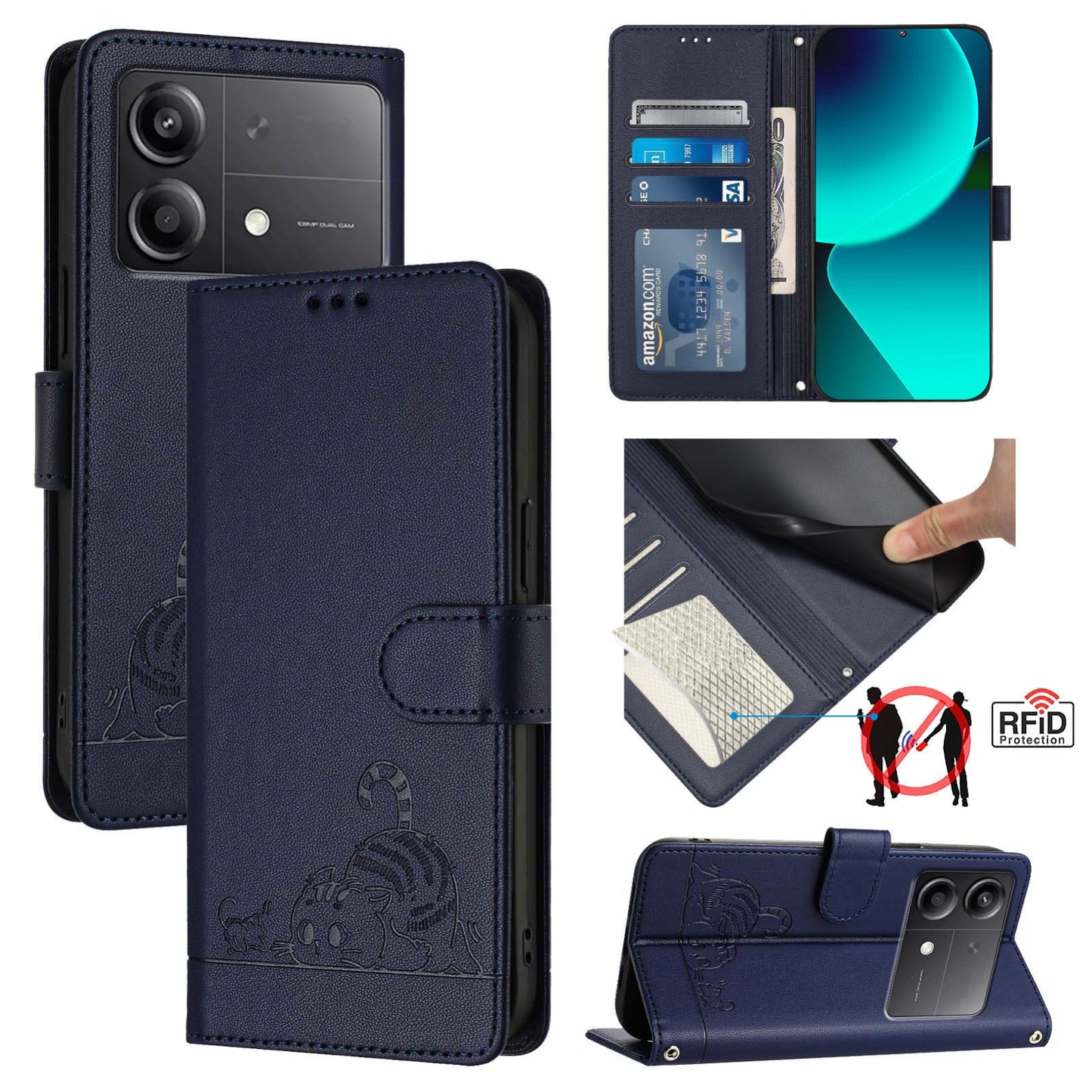 Xiaomi POCO X6 Neo 5G Global Leather Phone Case with Cat and Rat Embossed Pattern, RFID Protection, Card Holder Slots, Anti-fall Feature & Lanyard