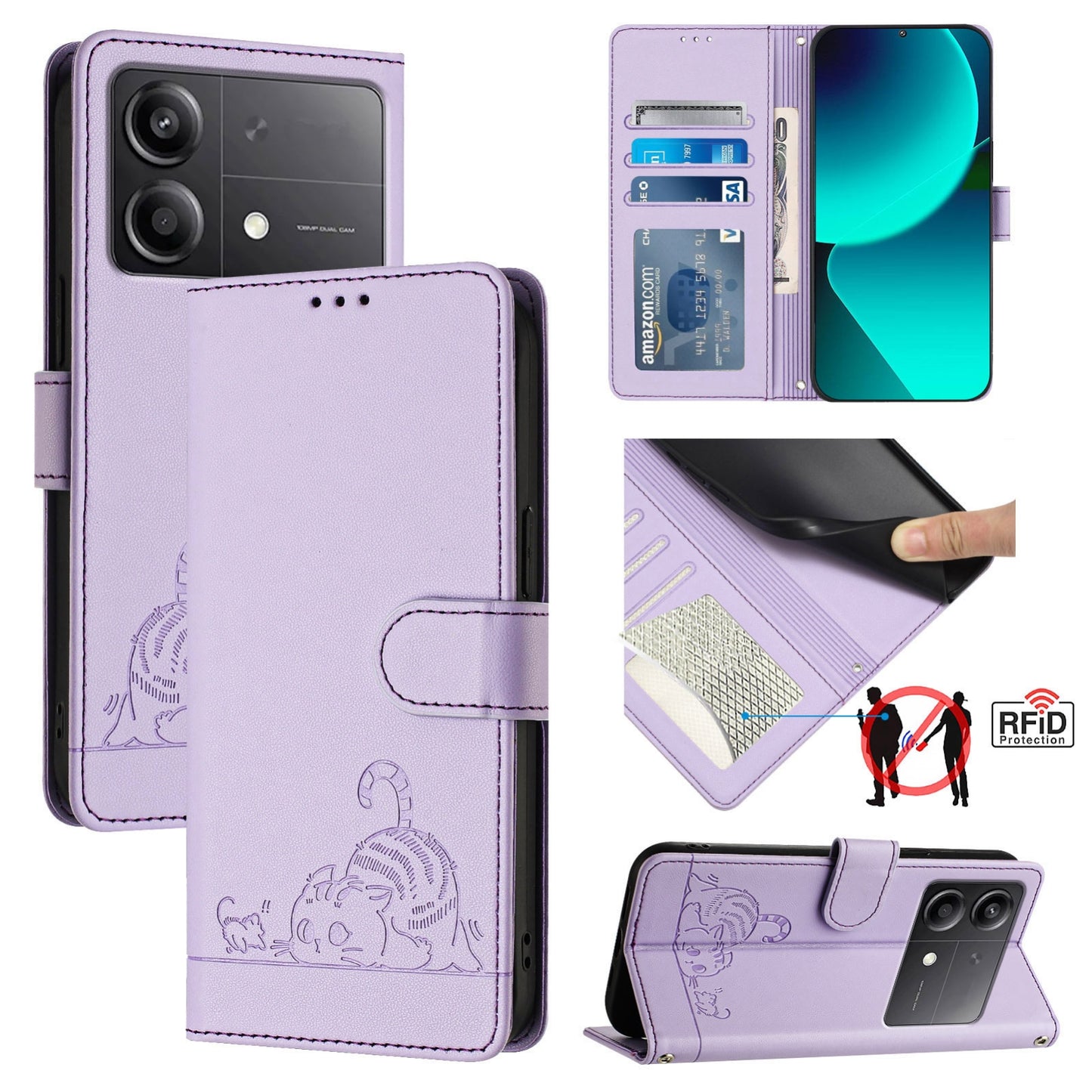 Xiaomi POCO X6 Neo 5G Global Leather Phone Case with Cat and Rat Embossed Pattern, RFID Protection, Card Holder Slots, Anti-fall Feature & Lanyard
