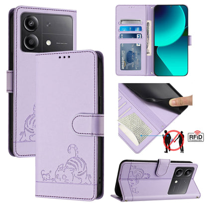 Xiaomi POCO X6 Neo 5G Global Leather Phone Case with Cat and Rat Embossed Pattern, RFID Protection, Card Holder Slots, Anti-fall Feature & Lanyard