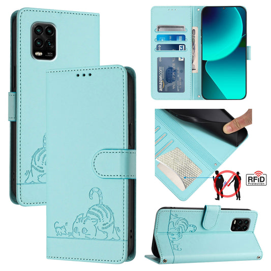 Xiaomi Mi 10 Lite Leather Phone Case with Cat and Rat Embossed Pattern, RFID Protection, Card Holder Slots, Anti-fall Feature & Lanyard