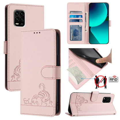 Xiaomi Mi 10 Lite Leather Phone Case with Cat and Rat Embossed Pattern, RFID Protection, Card Holder Slots, Anti-fall Feature & Lanyard