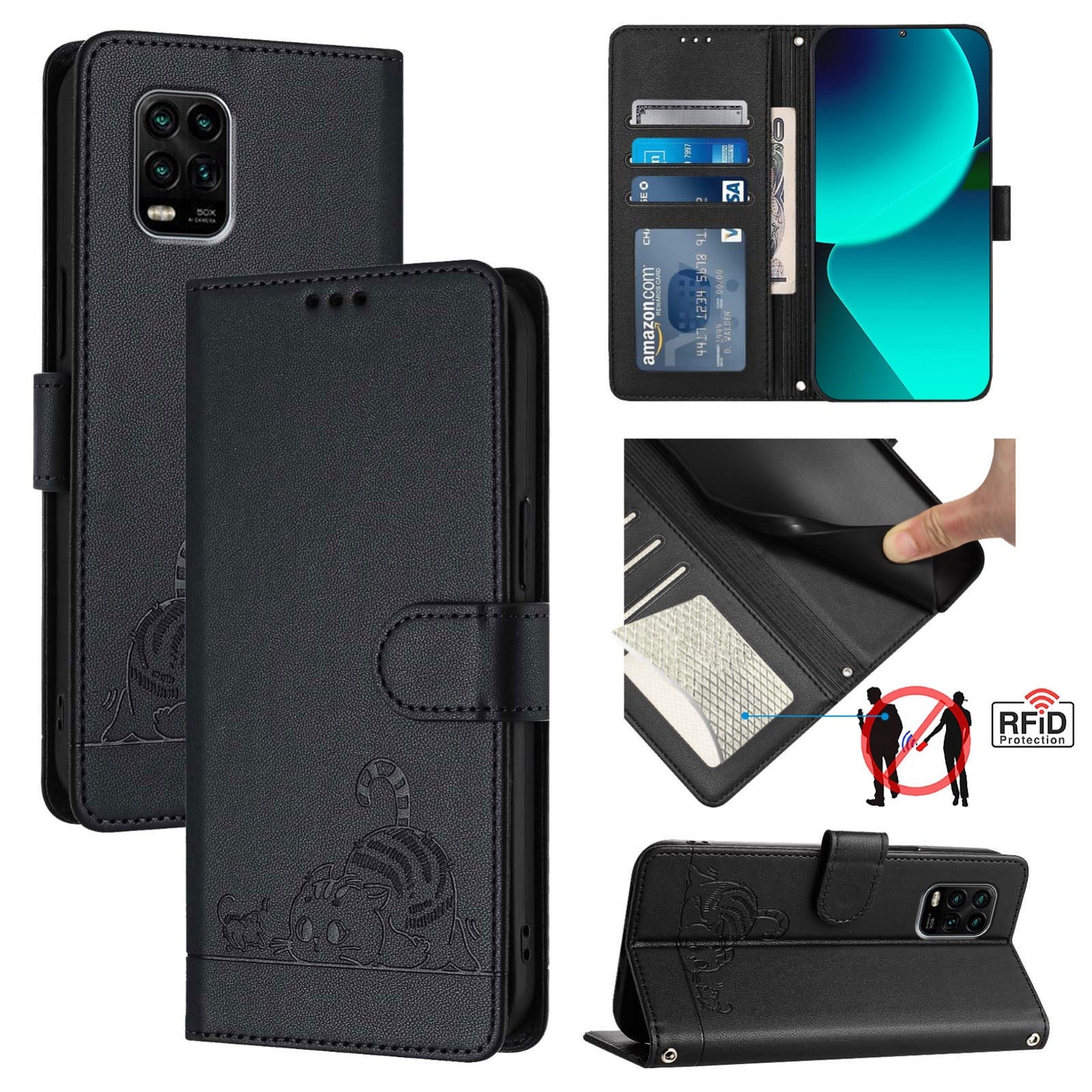 Xiaomi Mi 10 Lite Leather Phone Case with Cat and Rat Embossed Pattern, RFID Protection, Card Holder Slots, Anti-fall Feature & Lanyard