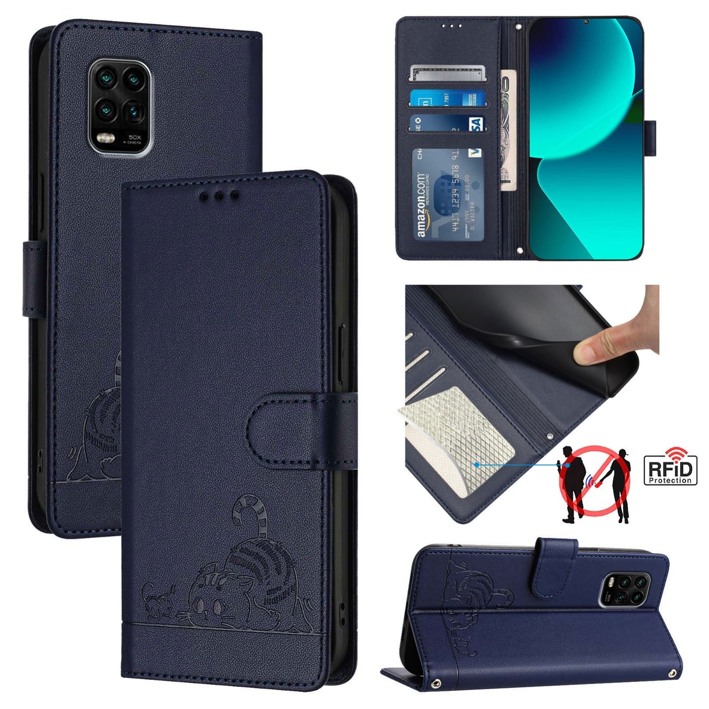 Xiaomi Mi 10 Lite Leather Phone Case with Cat and Rat Embossed Pattern, RFID Protection, Card Holder Slots, Anti-fall Feature & Lanyard