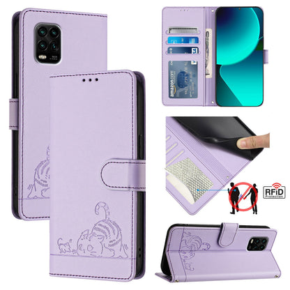 Xiaomi Mi 10 Lite Leather Phone Case with Cat and Rat Embossed Pattern, RFID Protection, Card Holder Slots, Anti-fall Feature & Lanyard