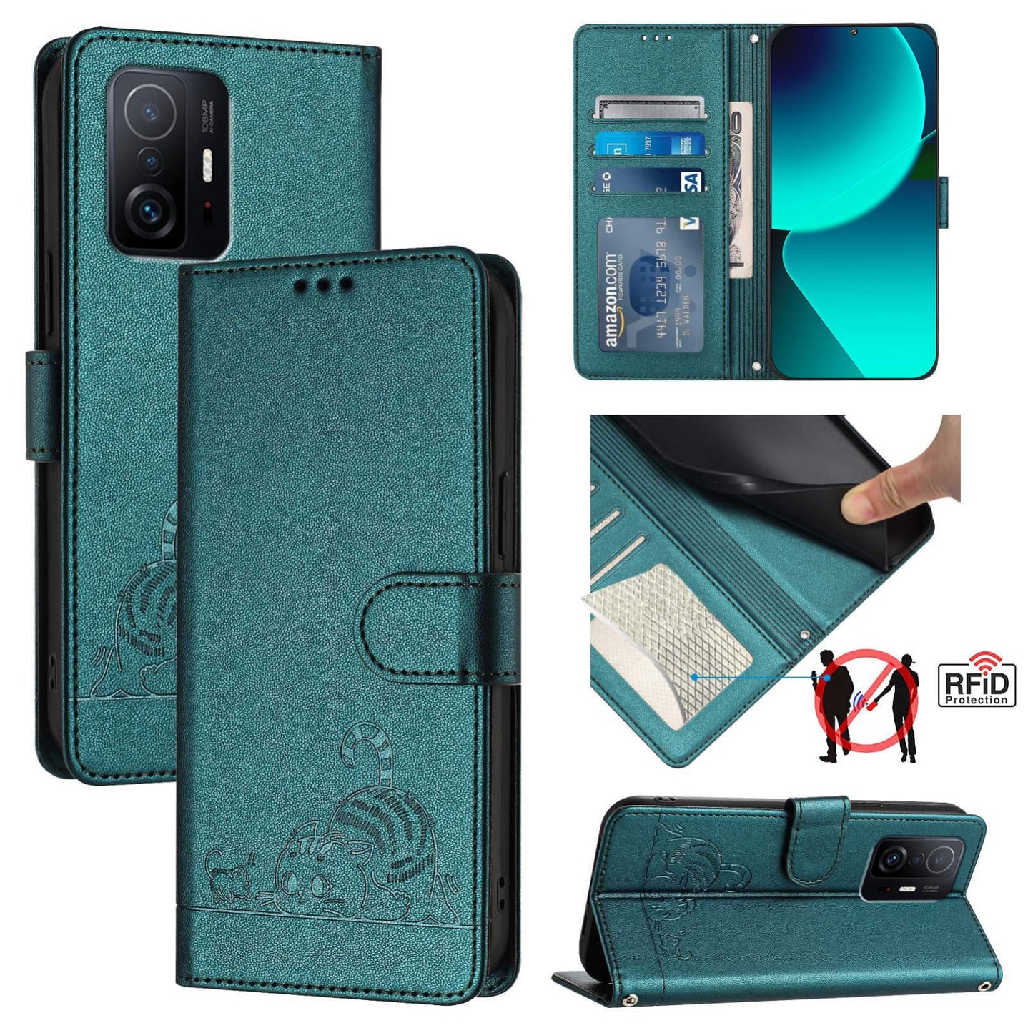 Xiaomi Mi 10T Leather Phone Case with Cat and Rat Embossed Pattern, RFID Protection, Card Holder Slots, Anti-fall Feature & Lanyard