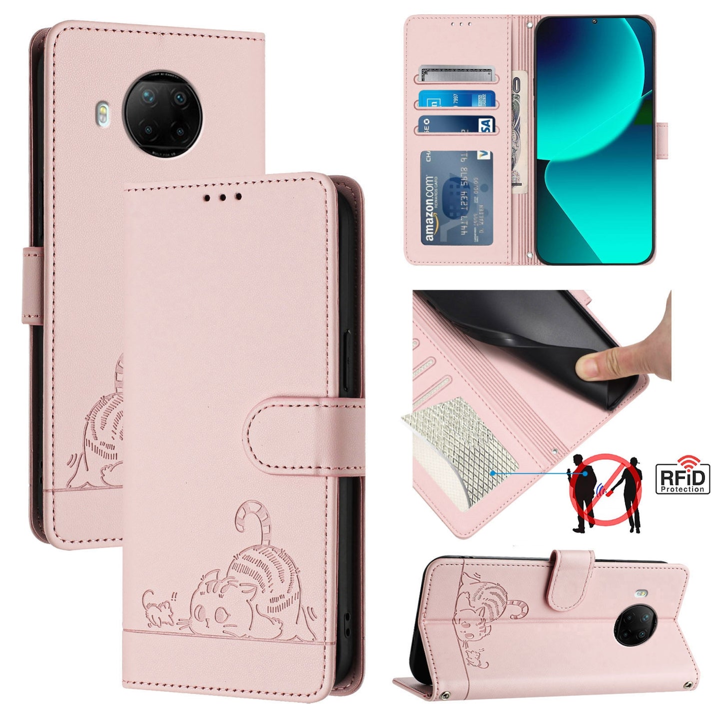 Xiaomi Mi 10T Lite 5G Leather Phone Case with Cat and Rat Embossed Pattern, RFID Protection, Card Holder Slots, Anti-fall Feature & Lanyard