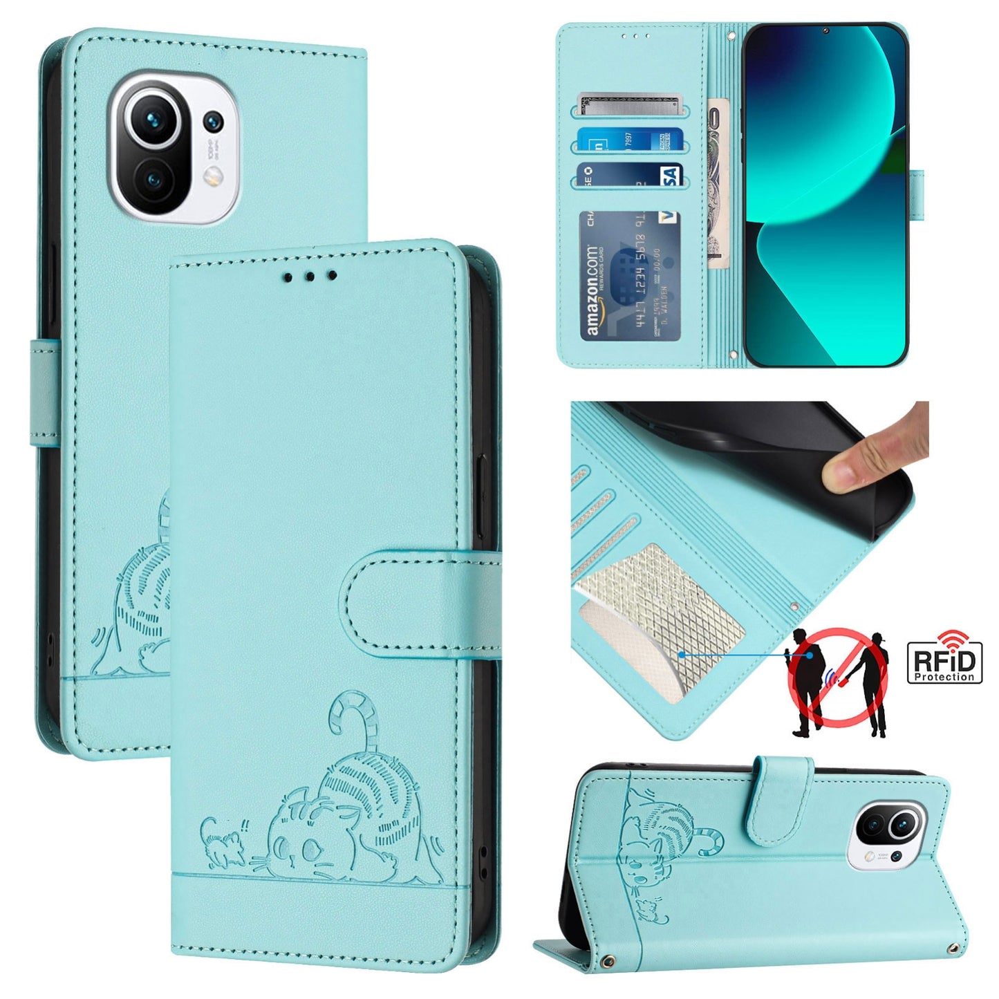 Xiaomi Mi 11 Leather Phone Case with Cat and Rat Embossed Pattern, RFID Protection, Card Holder Slots, Anti-fall Feature & Lanyard