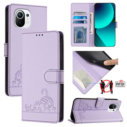 Xiaomi Mi 11 Leather Phone Case with Cat and Rat Embossed Pattern, RFID Protection, Card Holder Slots, Anti-fall Feature & Lanyard