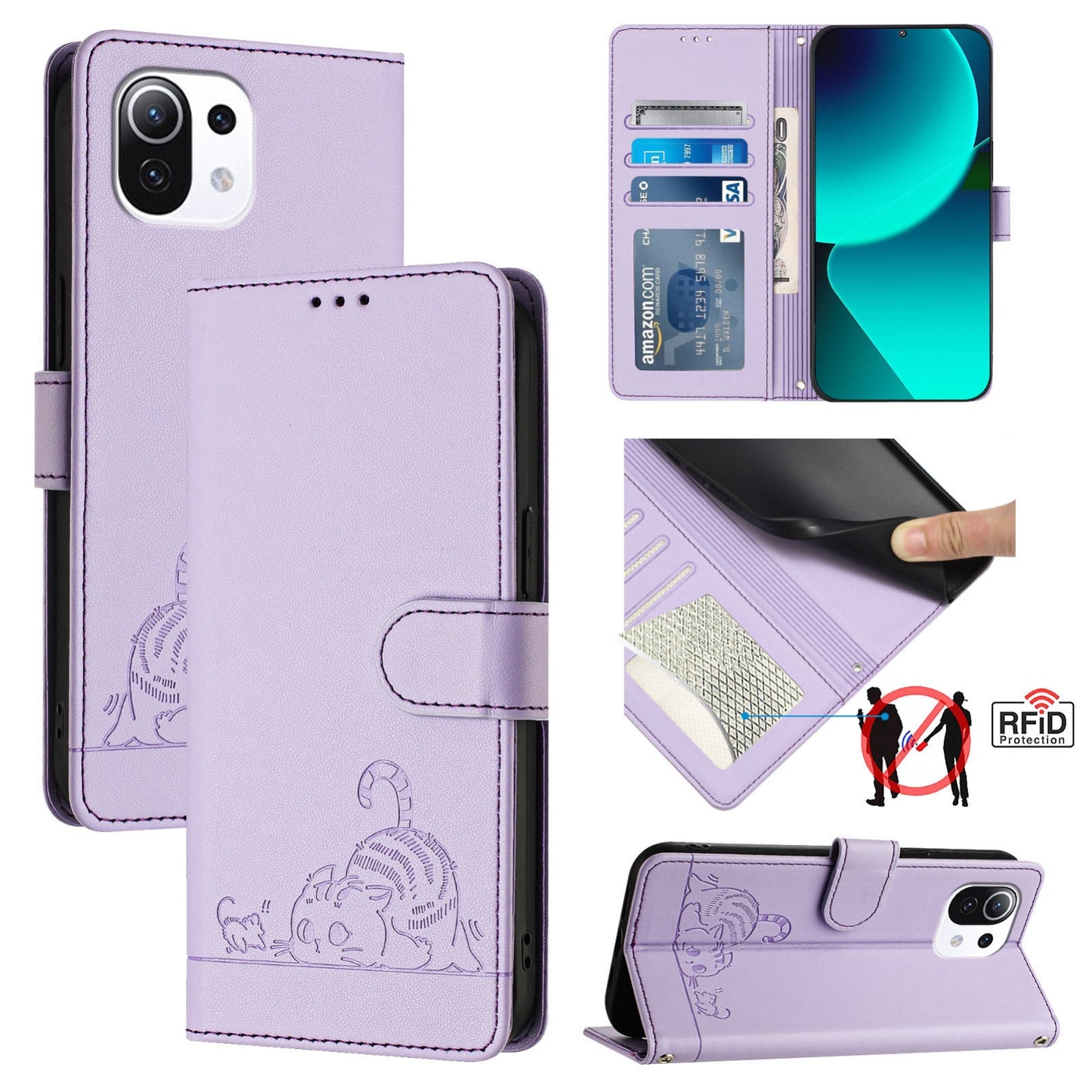 Xiaomi Mi 11 Lite Leather Phone Case with Cat and Rat Embossed Pattern, RFID Protection, Card Holder Slots, Anti-fall Feature & Lanyard