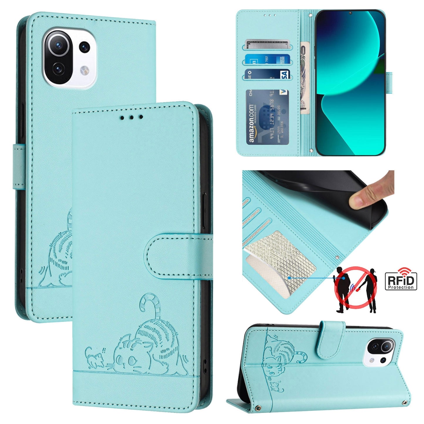 Xiaomi Mi 11 Lite 5G Leather Phone Case with Cat and Rat Embossed Pattern, RFID Protection, Card Holder Slots, Anti-fall Feature & Lanyard