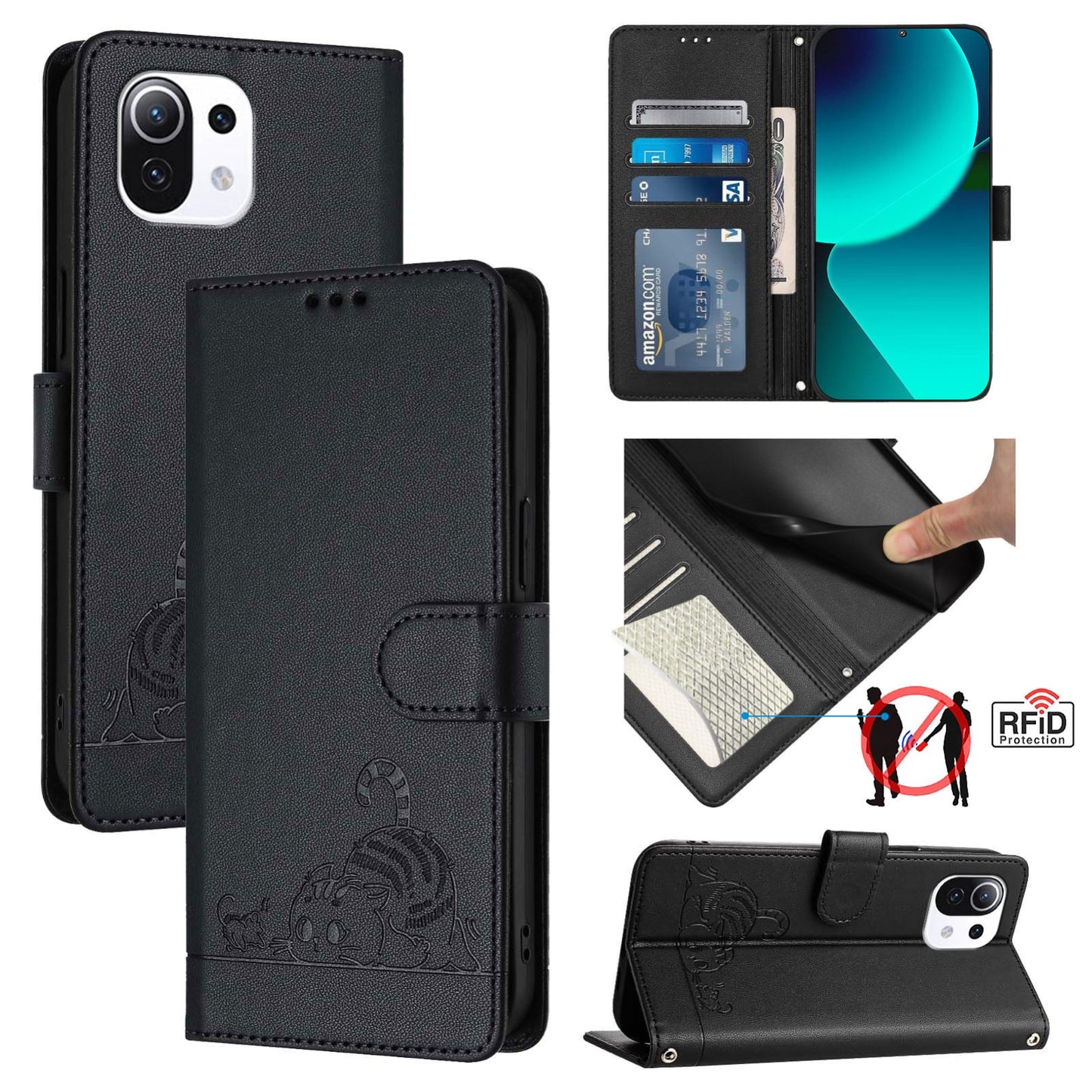 Xiaomi Mi 11 Lite 5G Leather Phone Case with Cat and Rat Embossed Pattern, RFID Protection, Card Holder Slots, Anti-fall Feature & Lanyard