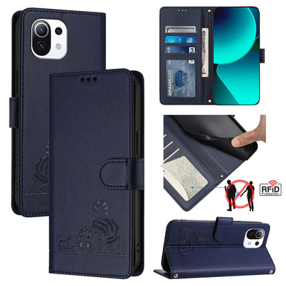 Xiaomi Mi 11 Lite 5G Leather Phone Case with Cat and Rat Embossed Pattern, RFID Protection, Card Holder Slots, Anti-fall Feature & Lanyard