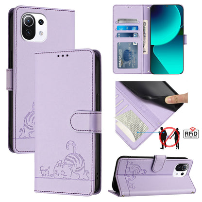 Xiaomi Mi 11 Lite 5G Leather Phone Case with Cat and Rat Embossed Pattern, RFID Protection, Card Holder Slots, Anti-fall Feature & Lanyard