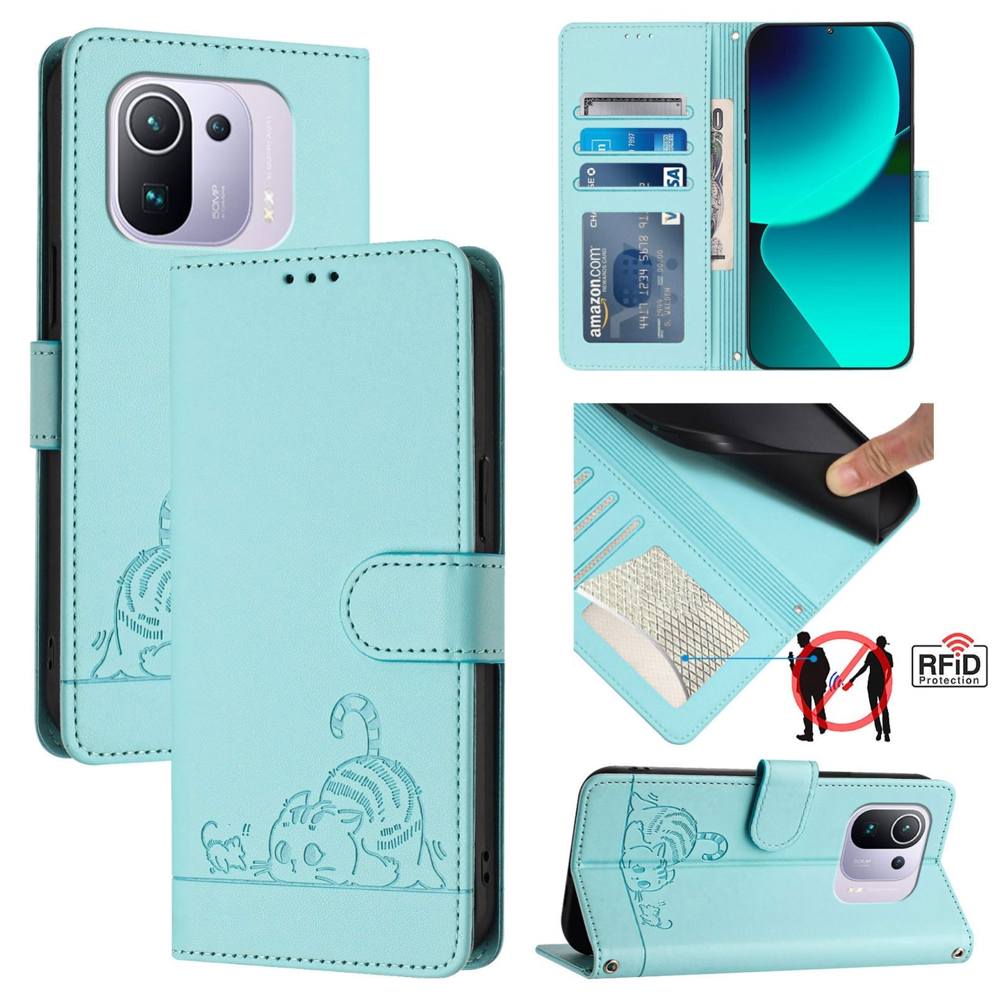 Xiaomi Mi 11 Pro Leather Phone Case with Cat and Rat Embossed Pattern, RFID Protection, Card Holder Slots, Anti-fall Feature & Lanyard