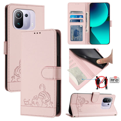 Xiaomi Mi 11 Pro Leather Phone Case with Cat and Rat Embossed Pattern, RFID Protection, Card Holder Slots, Anti-fall Feature & Lanyard