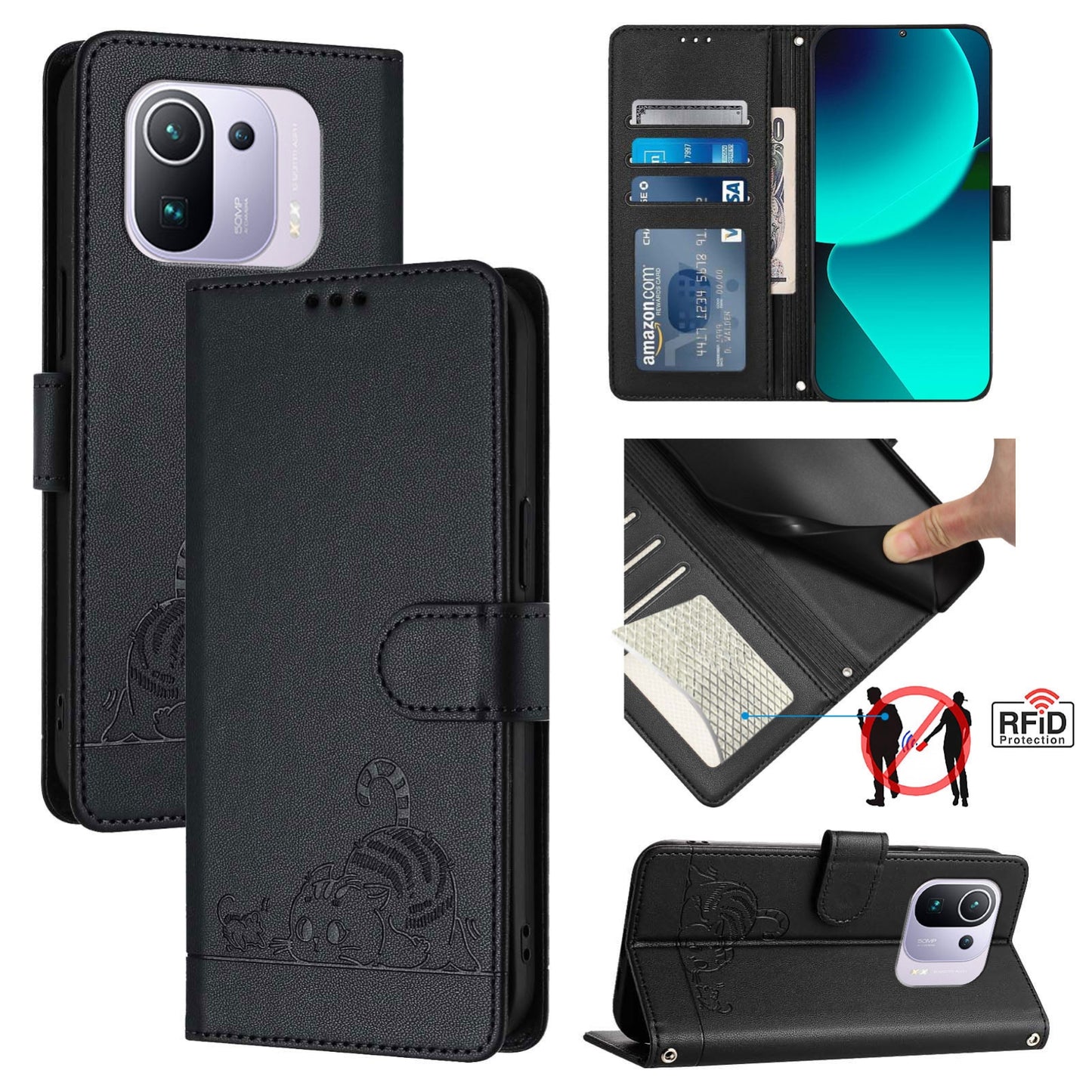 Xiaomi Mi 11 Pro Leather Phone Case with Cat and Rat Embossed Pattern, RFID Protection, Card Holder Slots, Anti-fall Feature & Lanyard