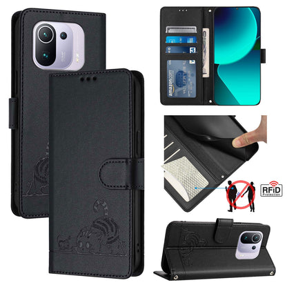 Xiaomi Mi 11 Pro Leather Phone Case with Cat and Rat Embossed Pattern, RFID Protection, Card Holder Slots, Anti-fall Feature & Lanyard