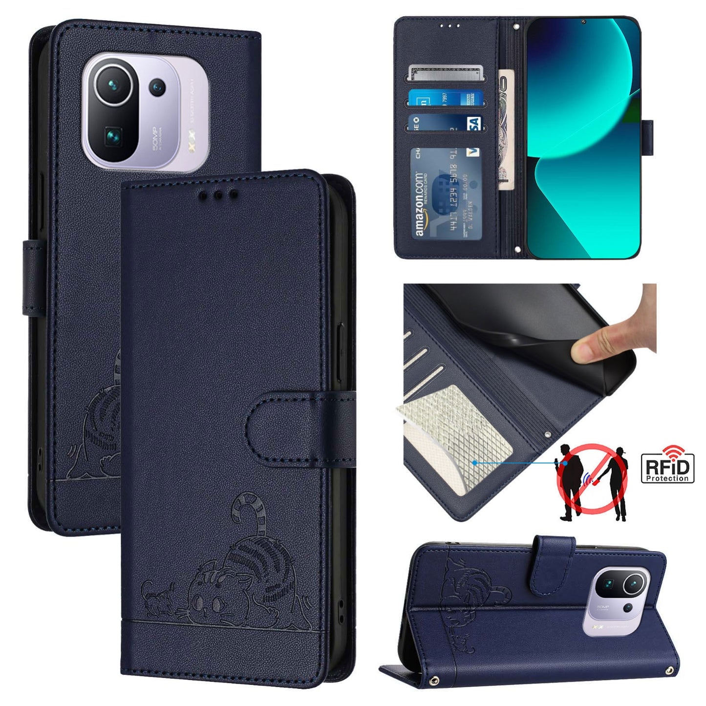 Xiaomi Mi 11 Pro Leather Phone Case with Cat and Rat Embossed Pattern, RFID Protection, Card Holder Slots, Anti-fall Feature & Lanyard