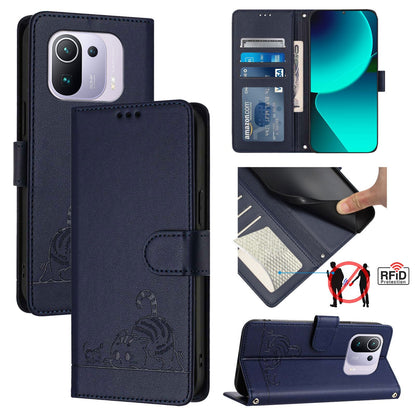 Xiaomi Mi 11 Pro Leather Phone Case with Cat and Rat Embossed Pattern, RFID Protection, Card Holder Slots, Anti-fall Feature & Lanyard