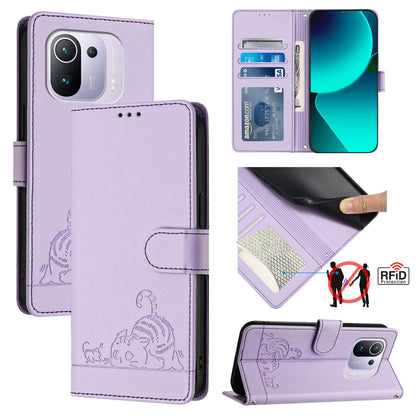 Xiaomi Mi 11 Pro Leather Phone Case with Cat and Rat Embossed Pattern, RFID Protection, Card Holder Slots, Anti-fall Feature & Lanyard