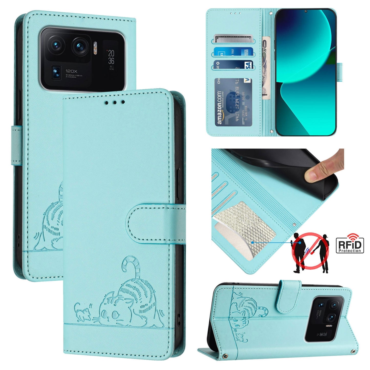 Xiaomi Mi 11 Ultra Leather Phone Case with Cat and Rat Embossed Pattern, RFID Protection, Card Holder Slots, Anti-fall Feature & Lanyard