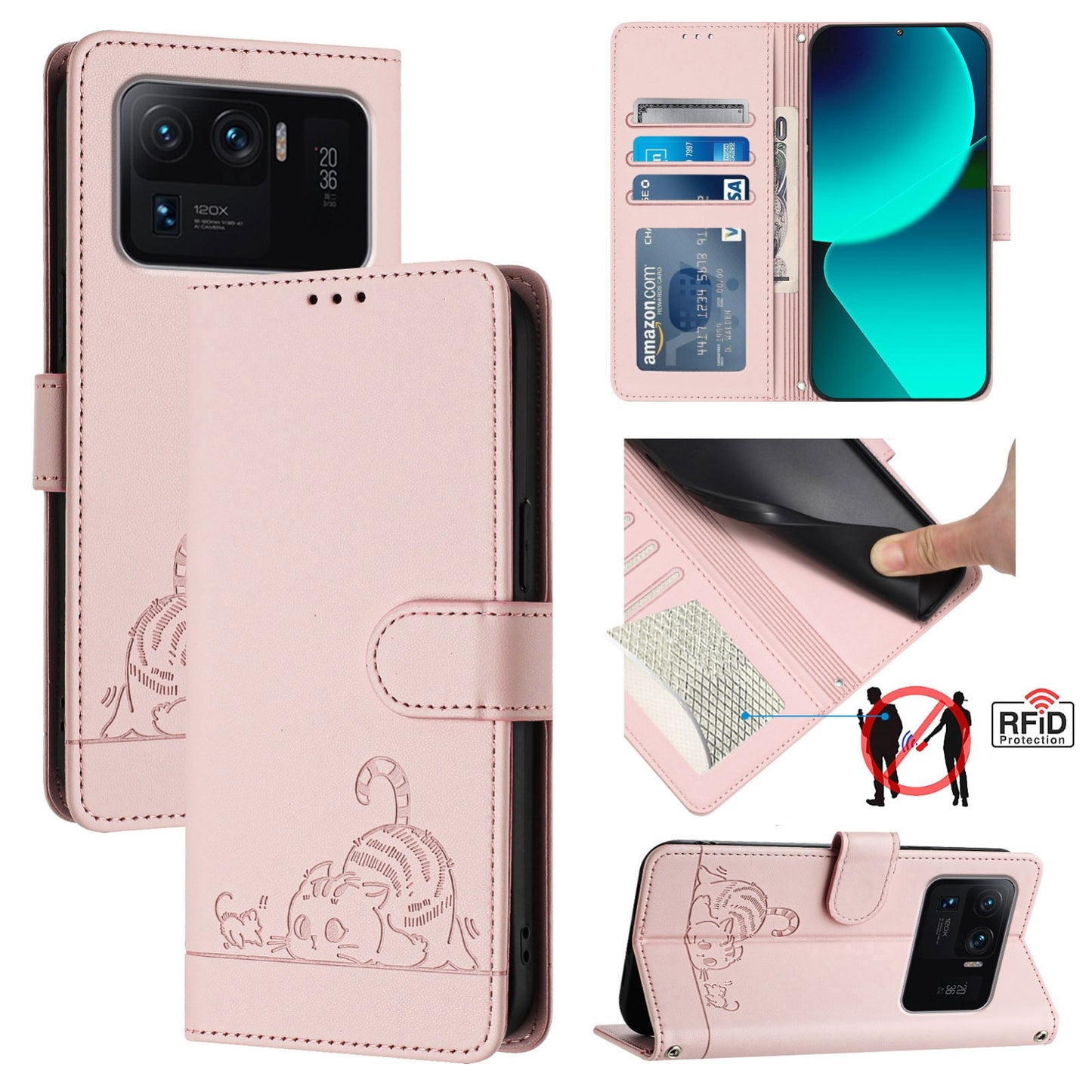 Xiaomi Mi 11 Ultra Leather Phone Case with Cat and Rat Embossed Pattern, RFID Protection, Card Holder Slots, Anti-fall Feature & Lanyard