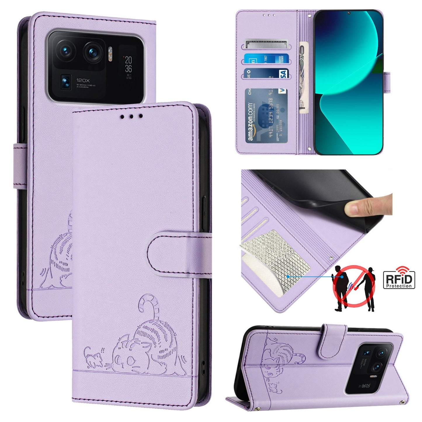 Xiaomi Mi 11 Ultra Leather Phone Case with Cat and Rat Embossed Pattern, RFID Protection, Card Holder Slots, Anti-fall Feature & Lanyard