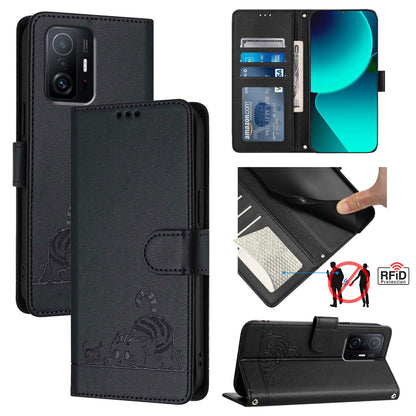 Xiaomi 11T Leather Phone Case with Cat and Rat Embossed Pattern, RFID Protection, Card Holder Slots, Anti-fall Feature & Lanyard
