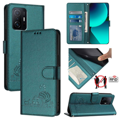 Xiaomi 11T Pro Leather Phone Case with Cat and Rat Embossed Pattern, RFID Protection, Card Holder Slots, Anti-fall Feature & Lanyard