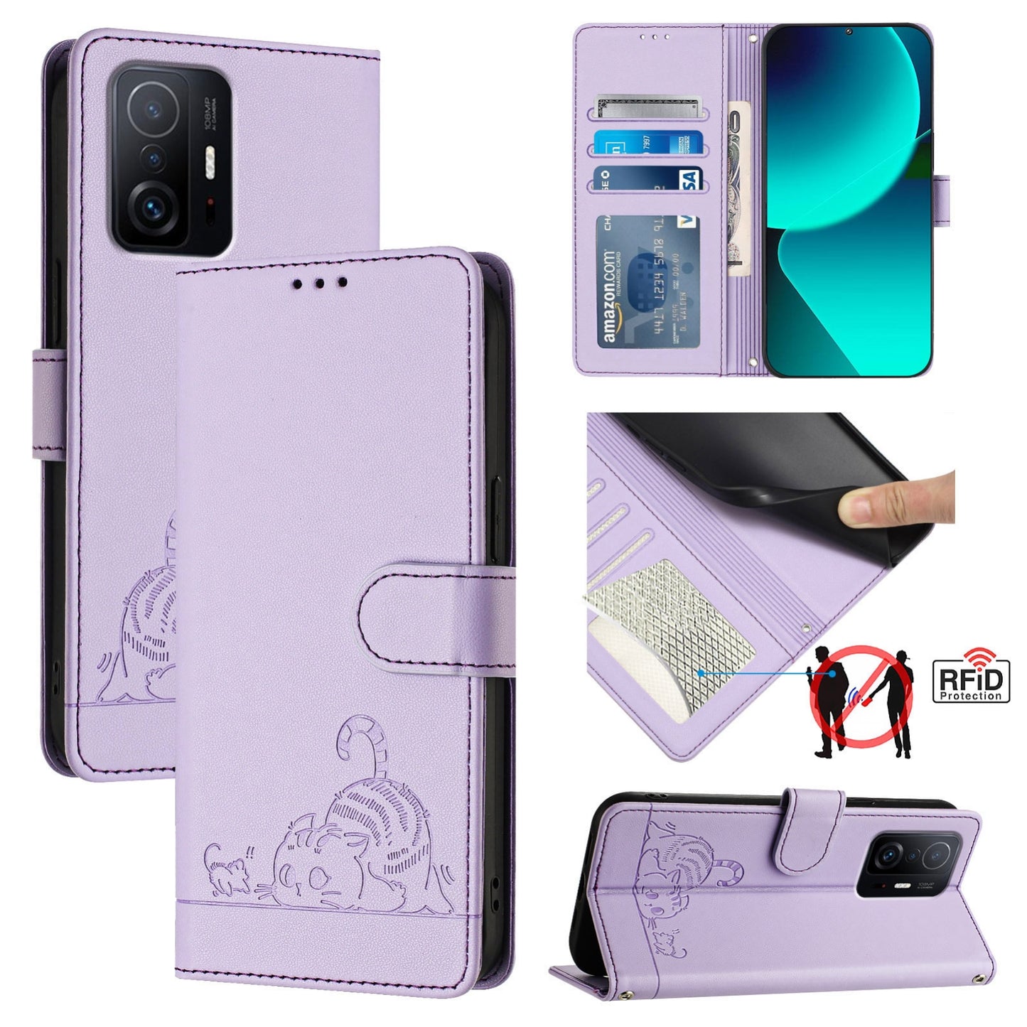 Xiaomi 11T Leather Phone Case with Cat and Rat Embossed Pattern, RFID Protection, Card Holder Slots, Anti-fall Feature & Lanyard