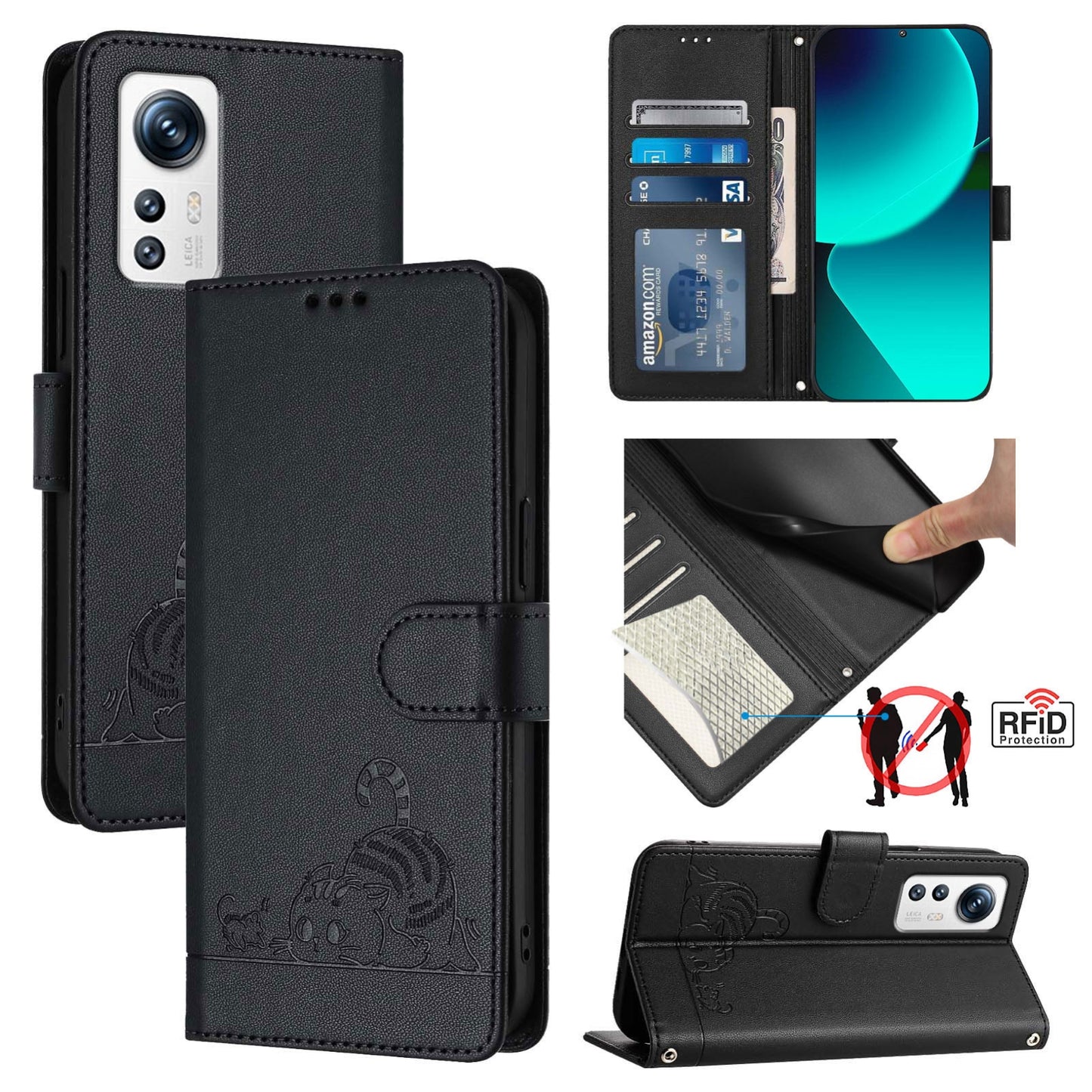 Xiaomi 12 5G Leather Phone Case with Cat and Rat Embossed Pattern, RFID Protection, Card Holder Slots, Anti-fall Feature & Lanyard