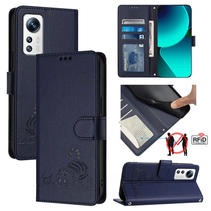 Xiaomi 12S 5G Leather Phone Case with Cat and Rat Embossed Pattern, RFID Protection, Card Holder Slots, Anti-fall Feature & Lanyard