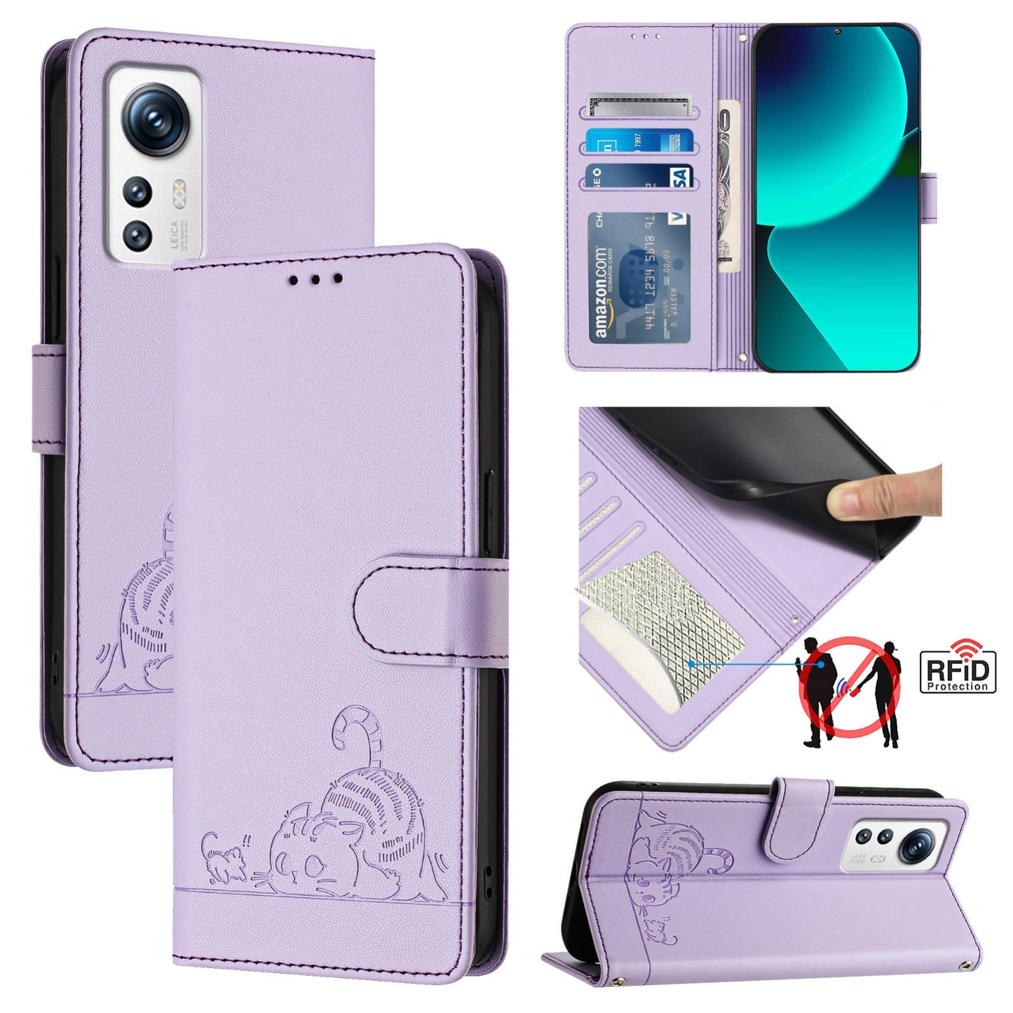 Xiaomi 12S 5G Leather Phone Case with Cat and Rat Embossed Pattern, RFID Protection, Card Holder Slots, Anti-fall Feature & Lanyard