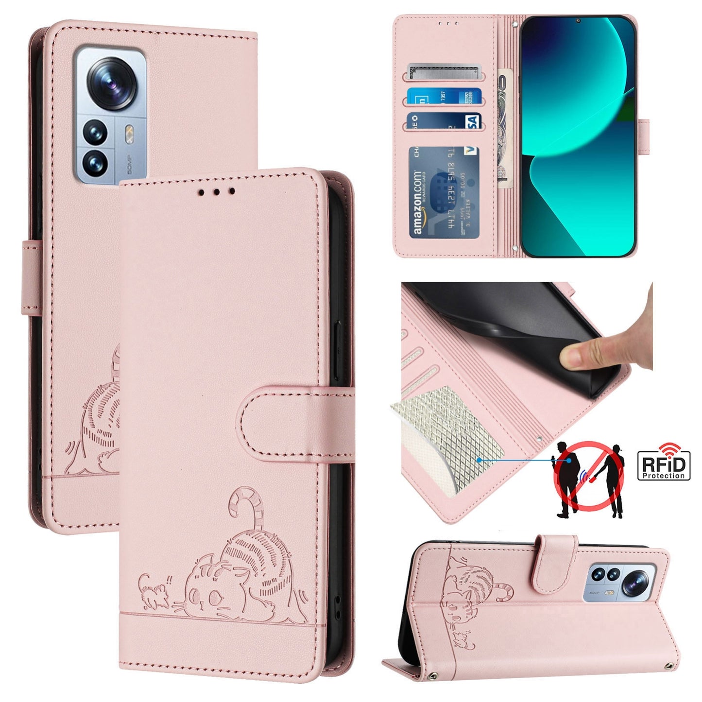 Xiaomi 12s Pro Leather Phone Case with Cat and Rat Embossed Pattern, RFID Protection, Card Holder Slots, Anti-fall Feature & Lanyard