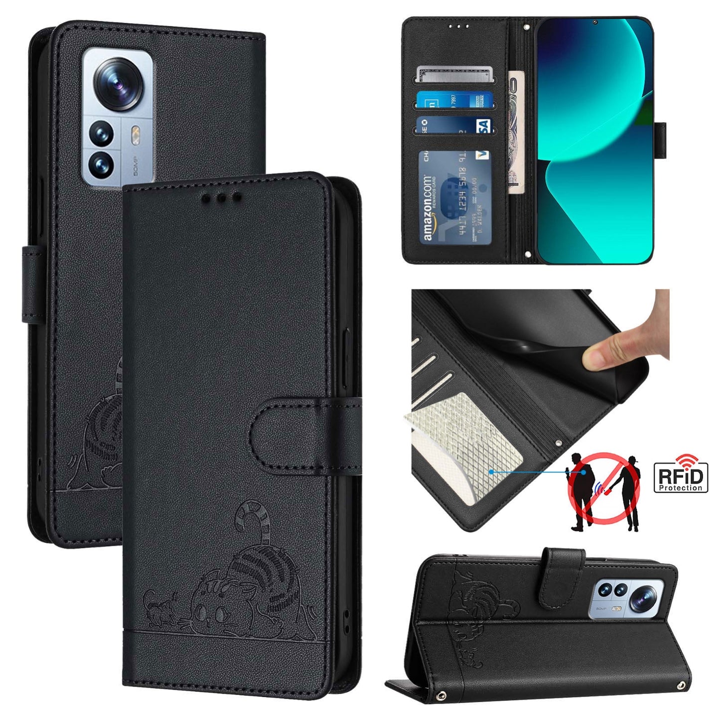 Xiaomi 12s Pro Leather Phone Case with Cat and Rat Embossed Pattern, RFID Protection, Card Holder Slots, Anti-fall Feature & Lanyard