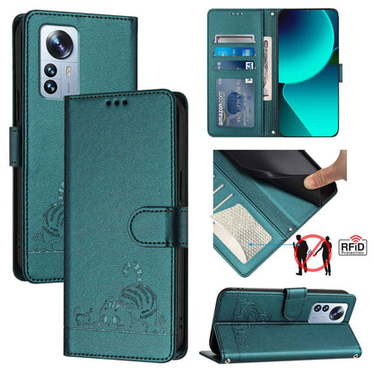 Xiaomi 12s Pro Leather Phone Case with Cat and Rat Embossed Pattern, RFID Protection, Card Holder Slots, Anti-fall Feature & Lanyard