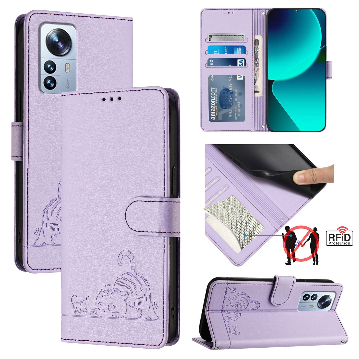 Xiaomi 12s Pro Leather Phone Case with Cat and Rat Embossed Pattern, RFID Protection, Card Holder Slots, Anti-fall Feature & Lanyard