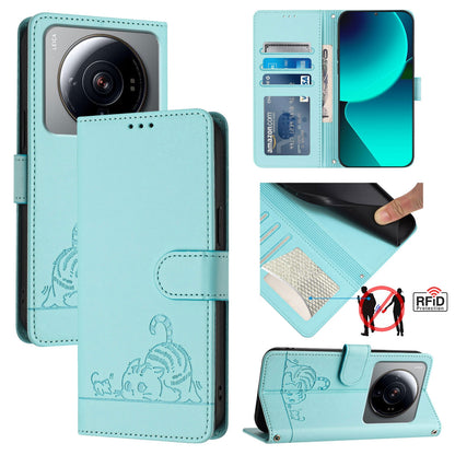 Xiaomi 12s Ultra Leather Phone Case with Cat and Rat Embossed Pattern, RFID Protection, Card Holder Slots, Anti-fall Feature & Lanyard