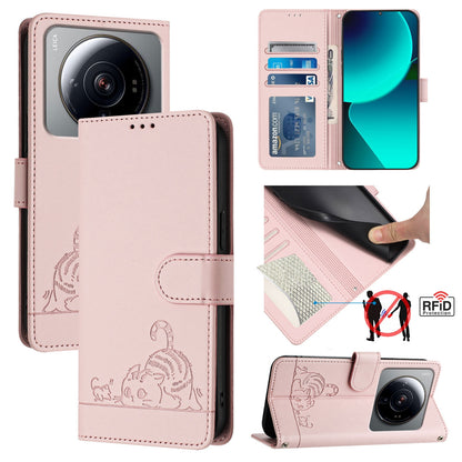 Xiaomi 12s Ultra Leather Phone Case with Cat and Rat Embossed Pattern, RFID Protection, Card Holder Slots, Anti-fall Feature & Lanyard
