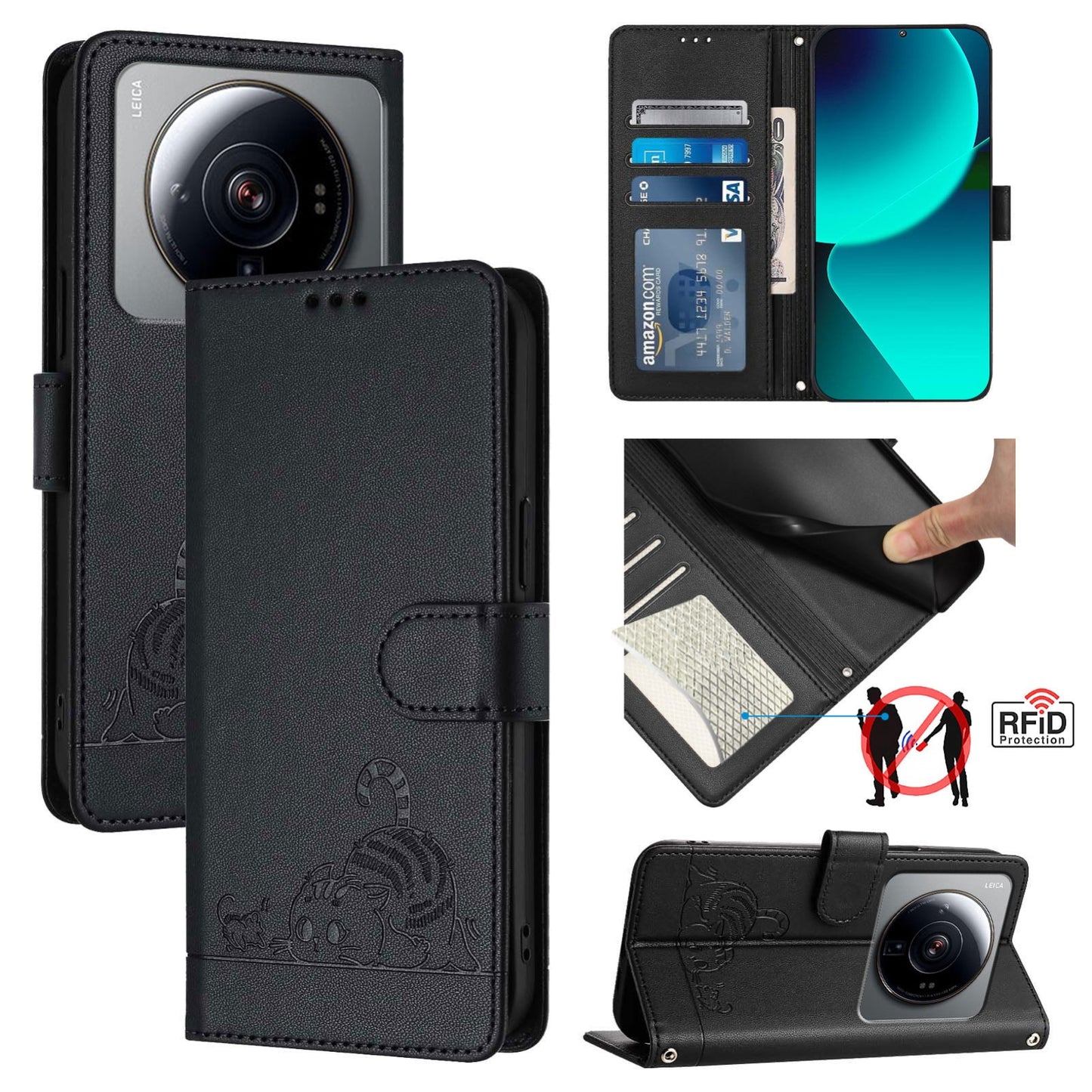 Xiaomi 12s Ultra Leather Phone Case with Cat and Rat Embossed Pattern, RFID Protection, Card Holder Slots, Anti-fall Feature & Lanyard