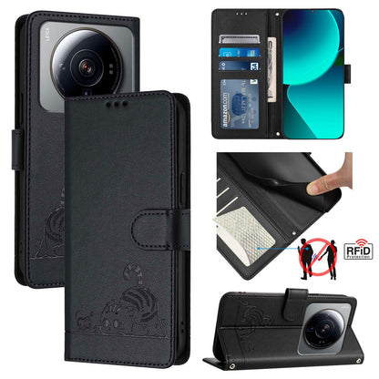 Xiaomi 12s Ultra Leather Phone Case with Cat and Rat Embossed Pattern, RFID Protection, Card Holder Slots, Anti-fall Feature & Lanyard